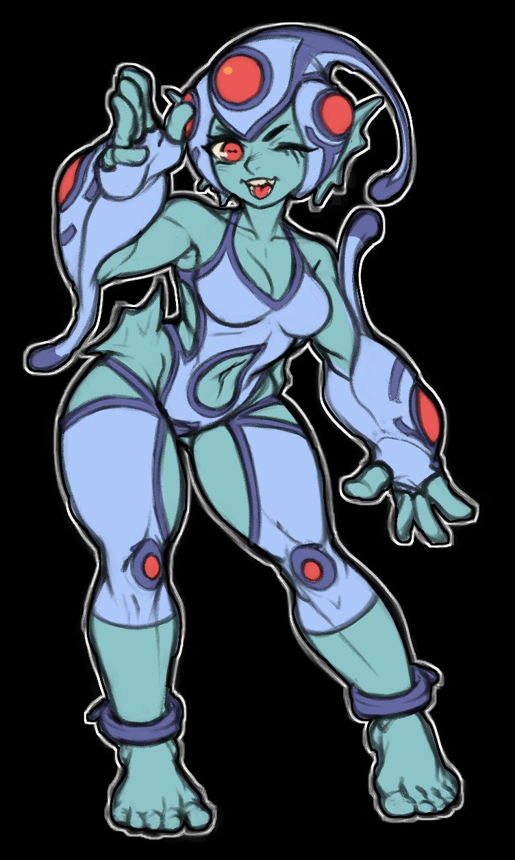 1girl, anklet, armpits, ashsux, barefoot, blue_one-piece_swimsuit, blue_skin, breasts