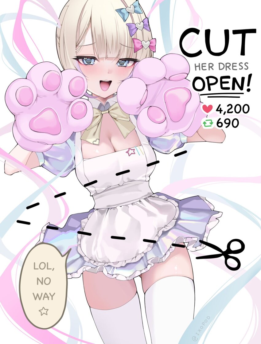 1girl, :d, absurdly_long_hair, animal_hands, apron, blonde_hair, blue_bow, blue_dress