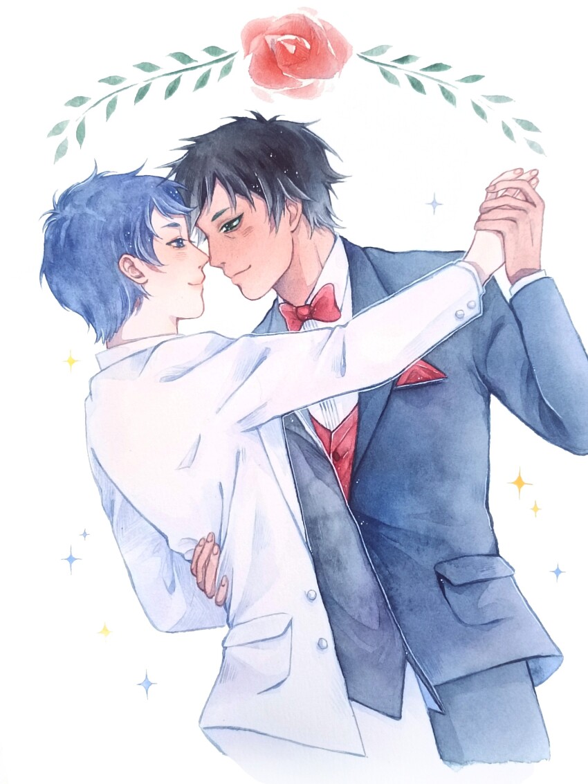 2boys, absurdres, bags_under_eyes, black_hair, black_suit, blue_hair, bow, bowtie