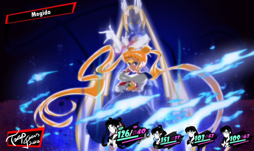 4girls, aino_minako, artist_name, bishoujo_senshi_sailor_moon, blonde_hair, blue_eyes, crescent_moon, double_bun