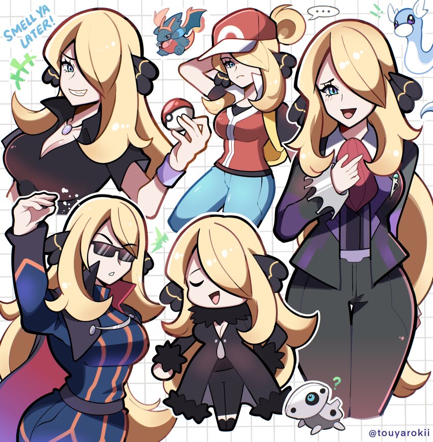 absurdres, alternate_breast_size, aron, baseball_cap, black_cape, black_coat, blonde_hair, blue_oak, blue_oak_(cosplay), breasts, cape, charizard, charizard_(cosplay), coat, cosplay, cynthia_(pokemon), dratini, fire, flame-tipped_tail, fur-trimmed_coat, fur-trimmed_sleeves, fur_collar, fur_trim, gen_1_pokemon, gen_3_pokemon, gen_4_pokemon, gible, grey_eyes, hair_over_one_eye, hat, highres, holding, holding_poke_ball, jacket, lance_(pokemon), lance_(pokemon)_(cosplay), long_hair, meme, necktie, nintendo, poke_ball, poke_ball_(basic), pokemon, pokemon_(creature), pokemon_diamond/pearl/platinum, pokemon_firered_and_leafgreen, pokemon_heartgold_and_soulsilver, pokemon_omega_ruby_and_alpha_sapphire, popped_collar, purple_vest, red_(pokemon), red_(pokemon)_(cosplay), red_necktie, salt, salt_bae_(meme), steven_stone, steven_stone_(cosplay), sunglasses, tail, touyarokii, turtleneck, turtleneck_jacket, vest