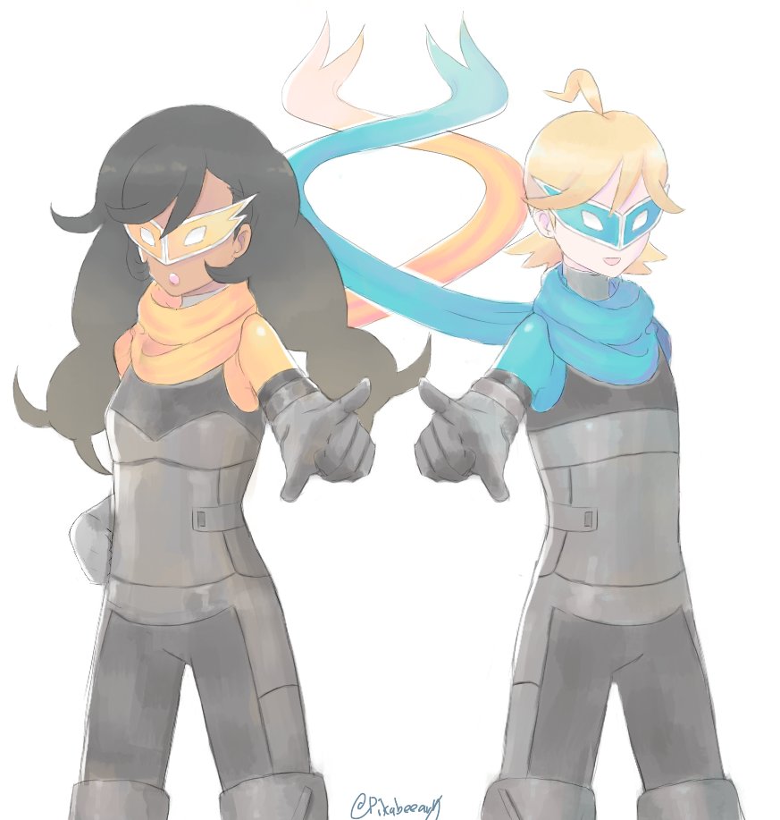 adapted_costume, artist_name, black_bodysuit, black_hair, blonde_hair, blue_scarf, bodysuit, clemont_(pokemon)