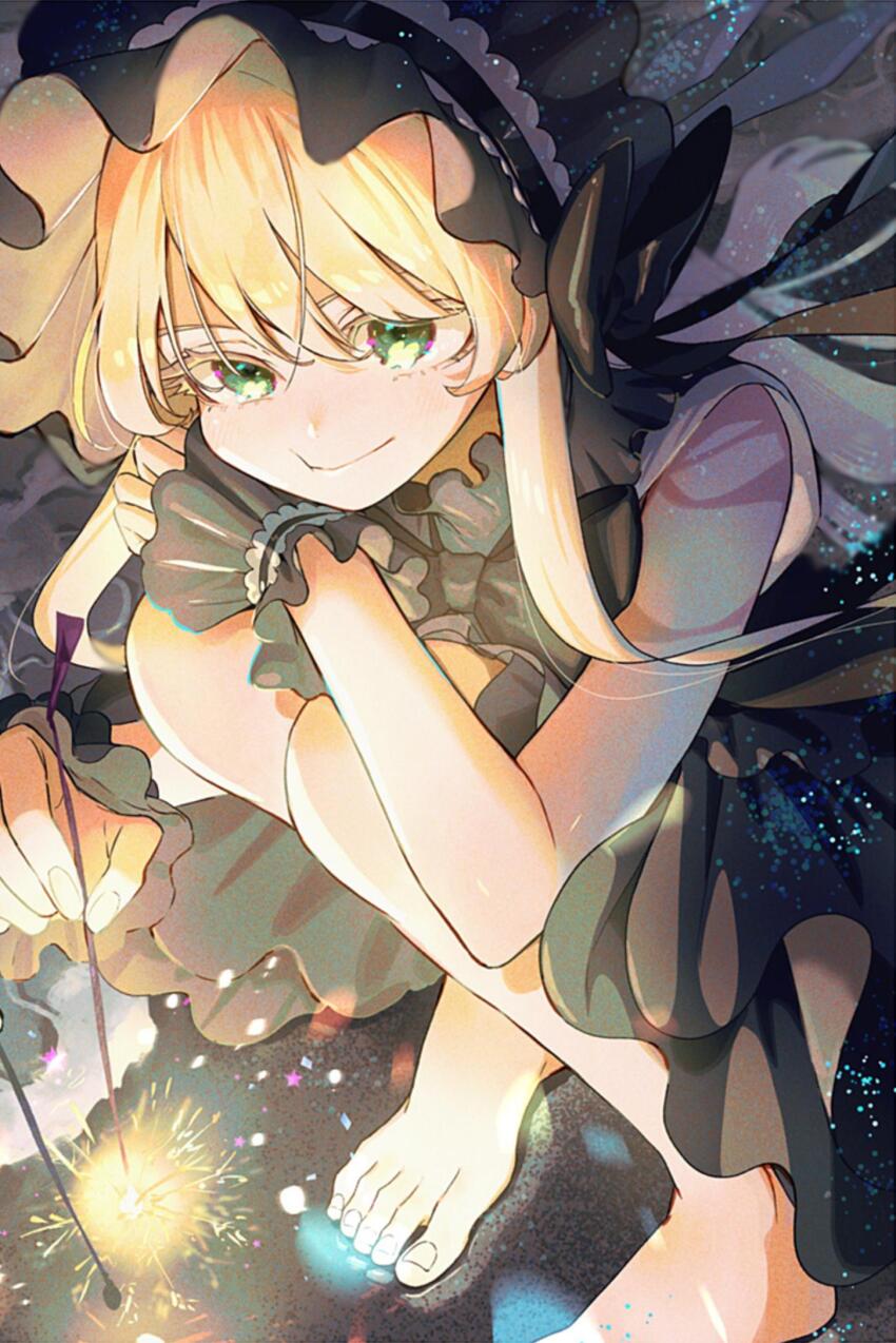 1girl, arm_rest, barefoot, black_bow, black_headdress, black_shirt, black_skirt, blonde_hair