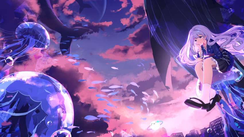 1girl, alisa_(osu!), blue_kimono, cloud, commentary, english_commentary, fish, floating_hair, flying_fish, flying_whale, freedom_dive, hand_on_own_cheek, hand_on_own_face, highres, japanese_clothes, jellyfish, kimono, leaning_forward, long_hair, mocapixel, on_animal, osu!, purple_eyes, purple_hair, purple_sky, sandals, scenery, short_kimono, simple_fish, sitting, sky, socks, solo, very_long_hair, whale, white_socks, wide_shot