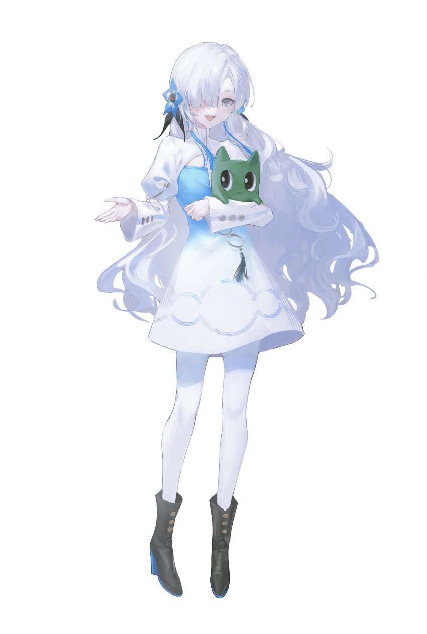 1girl, anemone_(flower), black_boots, black_ribbon, blue_dress, blue_flower, blue_hair, boots