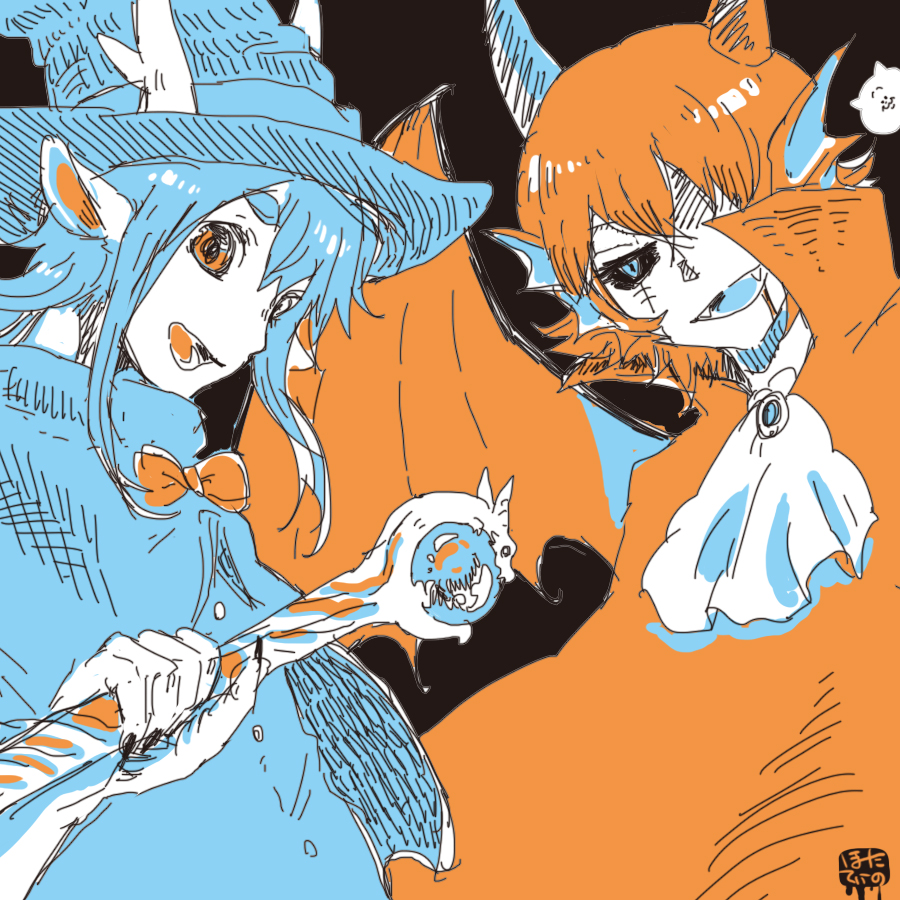 2boys, animal_ears, ascot, black_background, black_sclera, blue_eyes, blue_hair, cloak