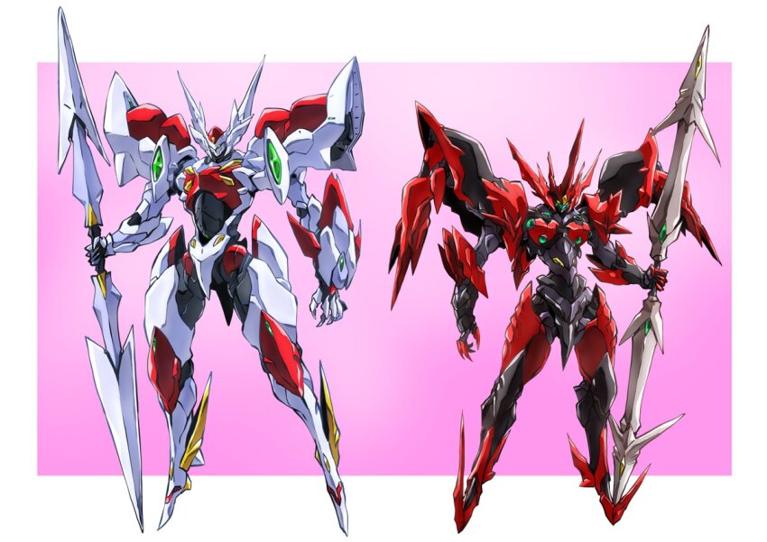 armor, double_blade, exoskeleton, holding, holding_weapon, lance, mecha, polearm