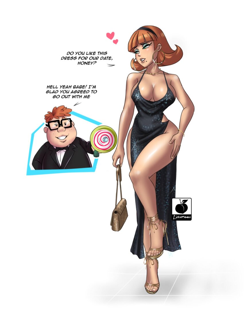 1boy, 1girl, age_difference, alternate_costume, artist_logo, artist_name, bag, black-framed_eyewear, black_bow, black_bowtie, black_dress, black_hairband, black_jacket, blue_eyeshadow, bow, bowtie, bracelet, breasts, brown_hair, carl_wheezer, cleavage, commentary, dress, earrings, english_text, evening_gown, eyeshadow, glasses, gold_earrings, gold_footwear, green_eyes, grin, hairband, hand_on_own_hip, handbag, heart, high_heels, highres, hoop_earrings, hypnosis, jacket, jewelry, jimmy_neutron_(series), judy_neutron, large_breasts, linkartoon, logo, looking_at_another, makeup, mature_female, mind_control, mole, mole_under_mouth, necklace, pelvic_curtain, shirt, short_hair, side_slit, simple_background, sleeveless, sleeveless_dress, smile, stiletto_heels, tuxedo, white_background, white_shirt