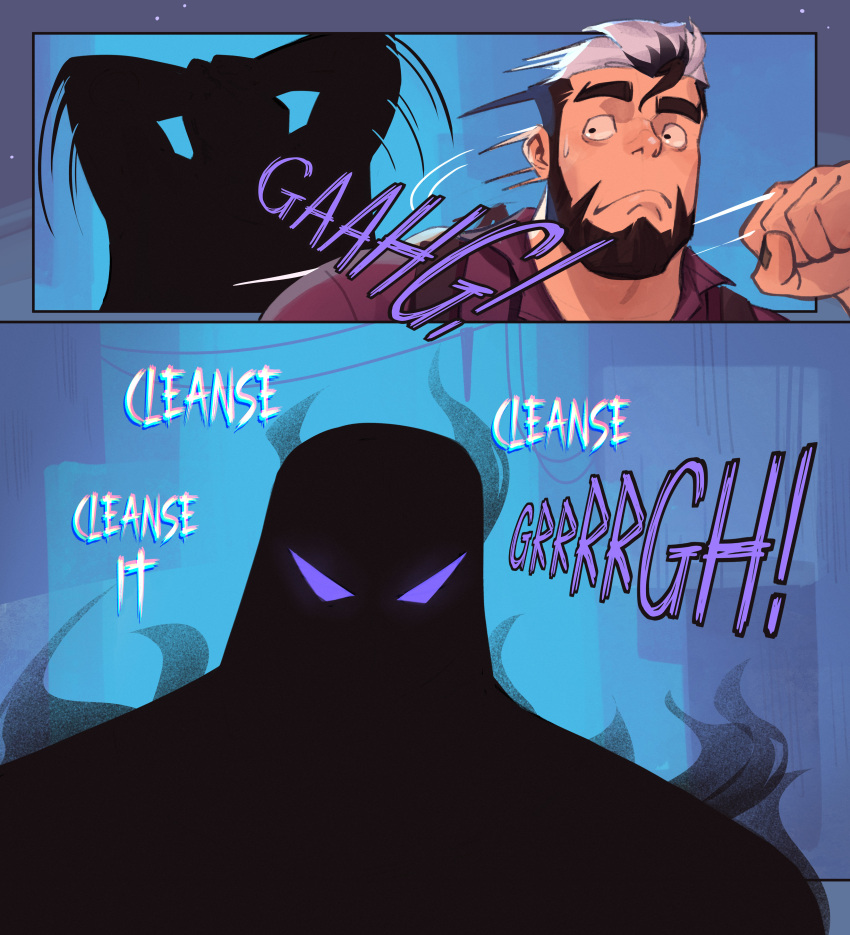 2boys, absurdres, beard, black_hair, collared_shirt, death_(helbai), facial_hair, glowing