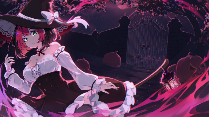 1girl, black_corset, black_hair, black_hat, black_skirt, black_thighhighs, bob_cut, bow, breasts, broom, broom_riding, cleavage, closed_mouth, colored_bangs, commentary, corset, detached_sleeves, dress, english_commentary, frilled_dress, frills, gate, green_eyes, halloween, hand_up, hat, hat_bow, highres, jack-o'-lantern, large_breasts, long_sleeves, looking_at_viewer, medium_dress, medium_hair, mocapixel, multicolored_hair, night, osu!, outdoors, pink_hair, pippi_(osu!), puffy_long_sleeves, puffy_sleeves, shirt, skirt, sky, solo, strapless, strapless_shirt, thighhighs, two-tone_hair, white_bow, witch_hat