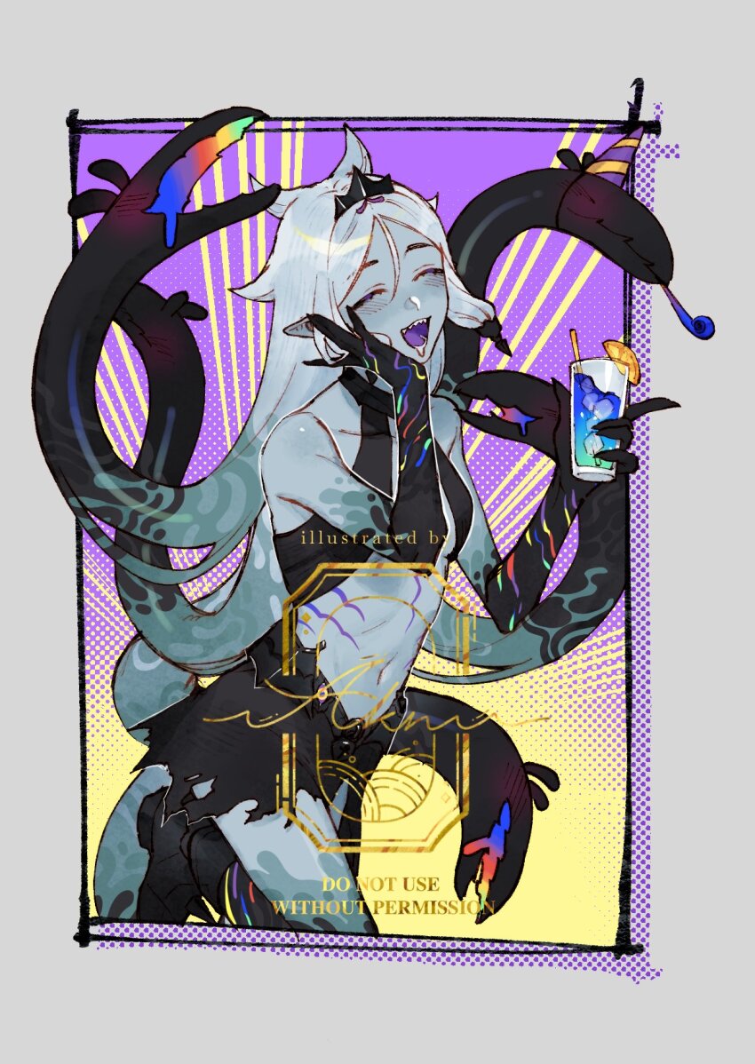 1girl, alien, alien_lotus, b_lueishpink, black_footwear, black_hands, blush, border, closed_eyes, colored_extremities, colored_tongue, commission, drink, grey_border, hat, highres, holding, holding_drink, ice, ice_cube, indie_virtual_youtuber, navel, party_hat, purple_tongue, sharp_teeth, signature, teeth, tentacle_hair, vgen_commission, virtual_youtuber
