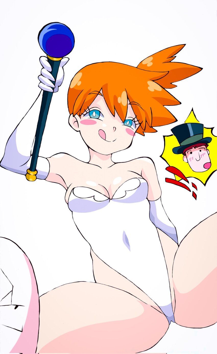 1boy, 1girl, :q, armpits, asymmetrical_hair, bare_shoulders, blood, blue_eyes, blush, blush_stickers, breasts, cleavage, closed_mouth, cosplay, covered_navel, elbow_gloves, exeggcute, eyelashes, gen_1_pokemon, gloves, green_eyes, gym_leader, hat, highleg, highleg_leotard, highres, holding, leotard, looking_at_viewer, melvin_(pokemon), misty_(pokemon), navel, nintendo, nosebleed, orange_hair, pokemon, pokemon_(anime), pokemon_(classic_anime), ponytail, short_hair, side_ponytail, small_breasts, smile, solo, spread_legs, squatting, strapless, strapless_leotard, thighs, tongue, tongue_out, top_hat, waifuserena7u7, wand, white_gloves, white_leotard