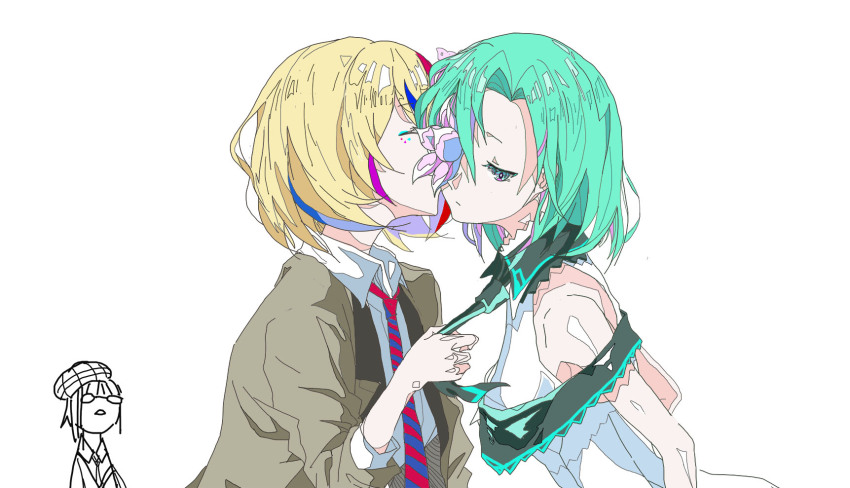 3girls, arcaea, black_necktie, blonde_hair, blue_eyes, blue_hair, blue_necktie, brown_coat, character_request, closed_mouth, clothes_grab, coat, collared_shirt, commentary, crossover, elizabeth_(wacca), facial_mark, flower, flower_over_eye, glasses, green_hair, hashtag-only_commentary, highres, kiss, kissing_cheek, ligne_claire, looking_at_another, multicolored_hair, multiple_girls, necktie, necktie_grab, neckwear_grab, purple_hair, red_necktie, rognize, saya_(arcaea), shirt, short_hair, simple_background, sleeveless, sleeveless_shirt, streaked_hair, striped_clothes, striped_necktie, upper_body, wacca_(video_game), white_background, white_shirt, yuri