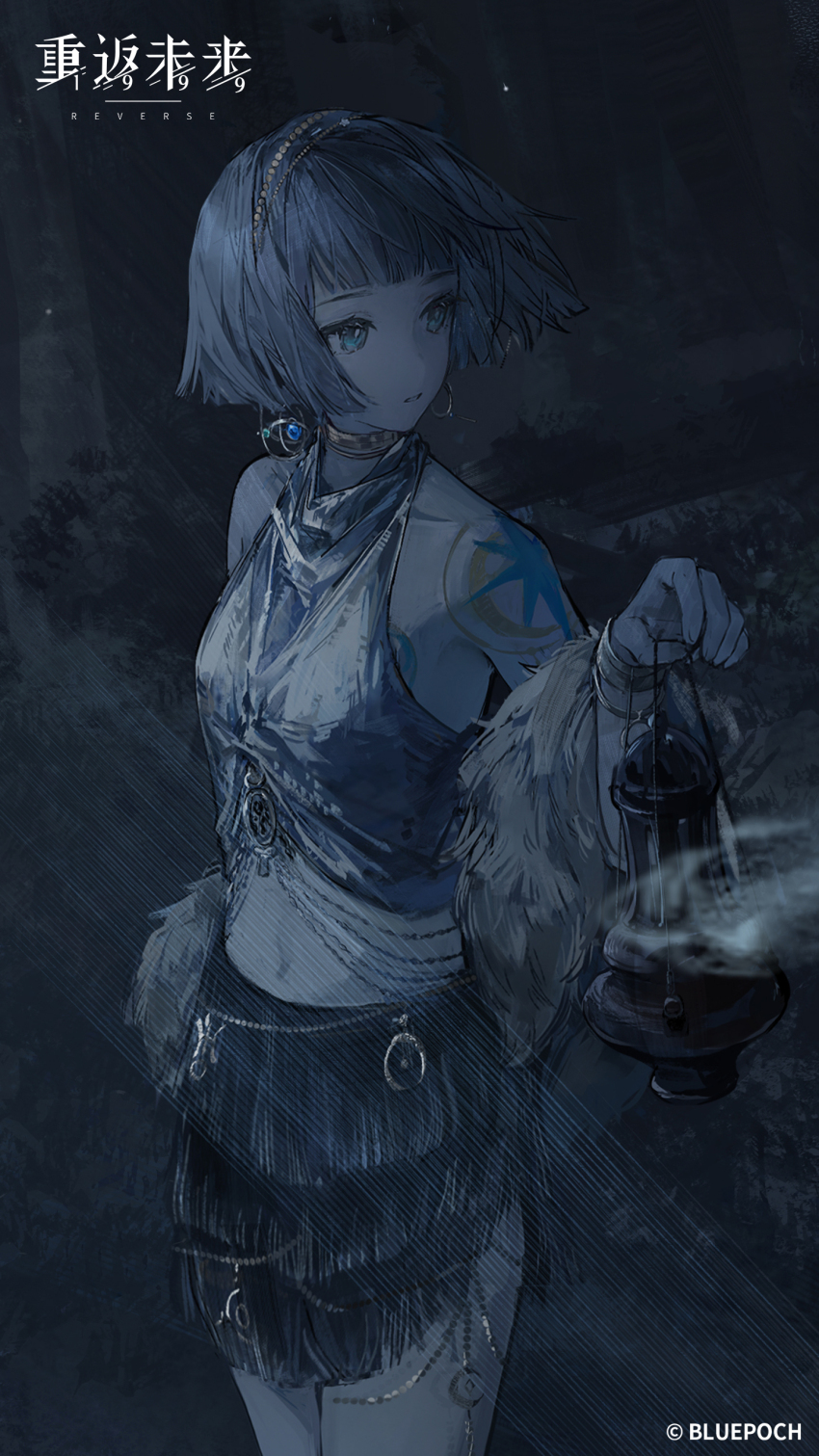 1girl, absurdres, bare_shoulders, black_skirt, blue_eyes, blunt_bangs, blunt_ends, bob_cut