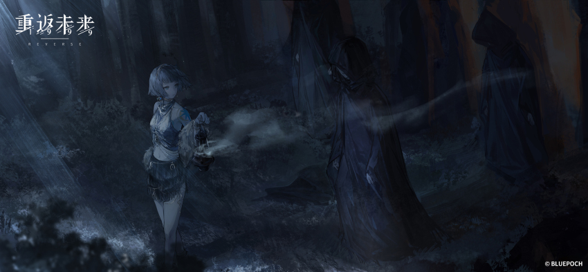 1girl, 3others, bare_shoulders, black_robe, black_skirt, blue_eyes, blunt_bangs, blunt_ends