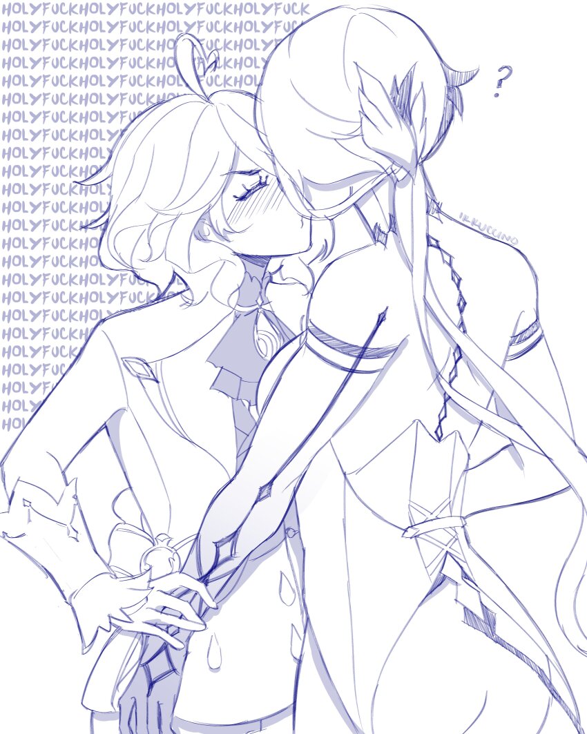 2girls, ?, absurdres, arlecchino_(genshin_impact), artist_name, ascot, backless_dress, backless_outfit