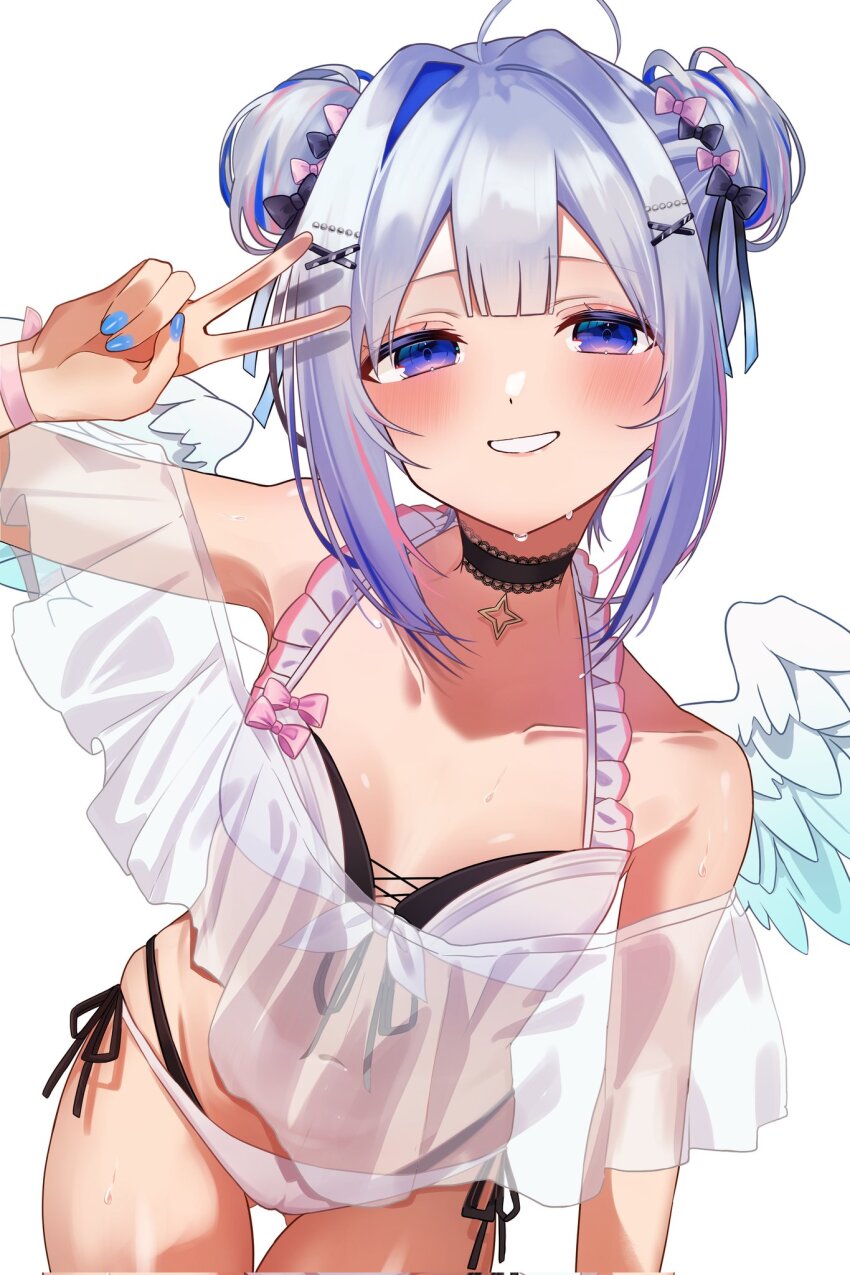 1girl, amane_kanata, amane_kanata_(summer), angel, angel_wings, bikini, blue_hair, blue_nails