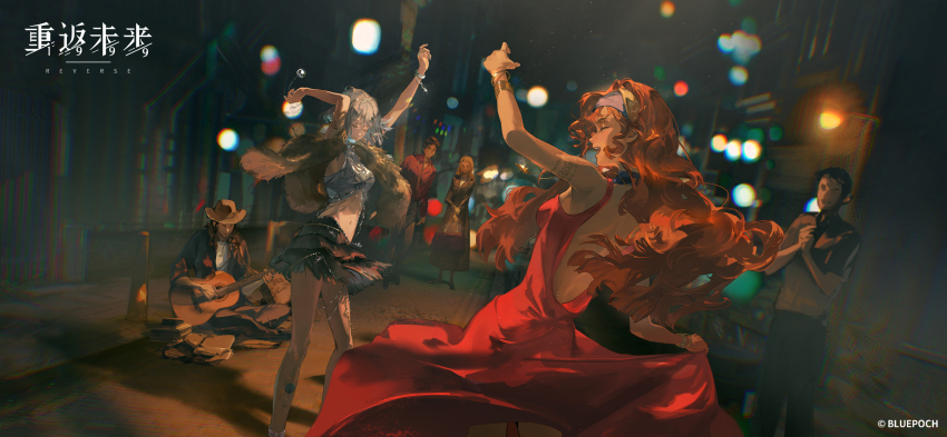 3boys, 3girls, acoustic_guitar, arm_tattoo, arm_up, arms_up, back, backless_dress