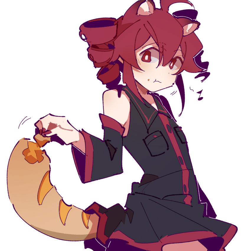 1girl, :t, ahoge, animal_ear_fluff, animal_ears, baguette, black_shirt, black_skirt, black_sleeves, bread, breast_pocket, bright_pupils, cat_ears, cat_girl, chewing, chinese_commentary, closed_mouth, collared_shirt, commentary_request, cowboy_shot, detached_sleeves, drill_hair, eating, eighth_note, food, food_on_face, highres, holding, holding_food, jiu_(jiu076), kasane_teto, kasane_teto_(utau), kemonomimi_mode, looking_at_viewer, looking_back, musical_note, pocket, red_eyes, red_hair, red_nails, red_trim, self-cannibalism, shirt, short_hair, simple_background, skirt, sleeveless, sleeveless_shirt, solo, spoken_musical_note, tail, twin_drills, twintails, utau, white_background, white_pupils