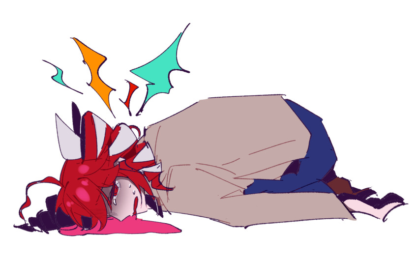 1girl, alternate_costume, ataman_ita_(synthesizer_v), blood, blood_from_mouth, blue_pants, brown_shirt, brown_shoes