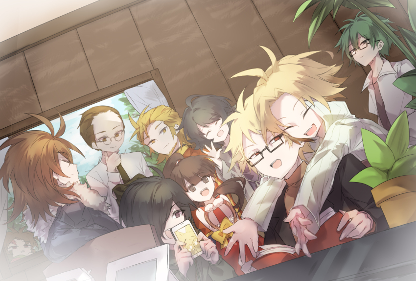 2girls, 6+boys, ^_^, aiba_ibuki, antenna_hair, atou_haruki, black_hair, black_jacket