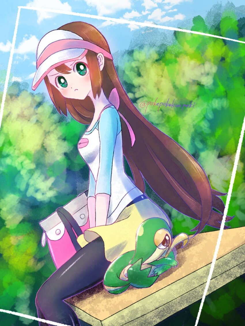 1girl, black_pantyhose, blue_eyes, breasts, brown_hair, gen_5_pokemon, hair_down, highres