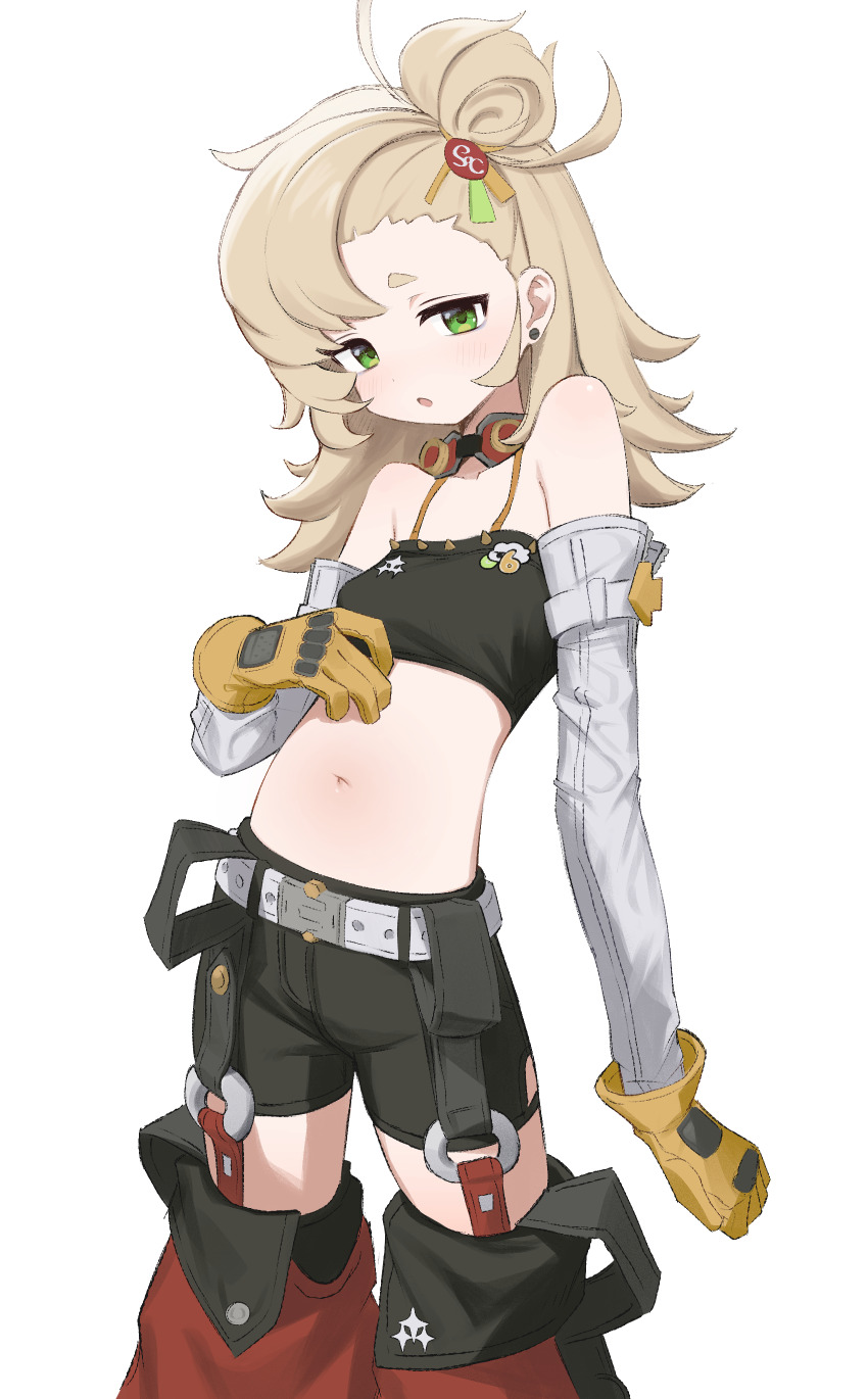 1girl, absurdres, aruruaaaa, asymmetrical_bangs, baggy_pants, belt, black_shorts, black_tube_top, blonde_hair, breasts, collarbone, commentary, detached_sleeves, earrings, gloves, goggles, goggles_around_neck, green_eyes, highres, jewelry, medium_hair, midriff, navel, open_mouth, pants, piper_wheel, shorts, shrugging, simple_background, small_breasts, solo, stomach, strapless, swept_bangs, tube_top, white_background, white_belt, yellow_gloves, zenless_zone_zero
