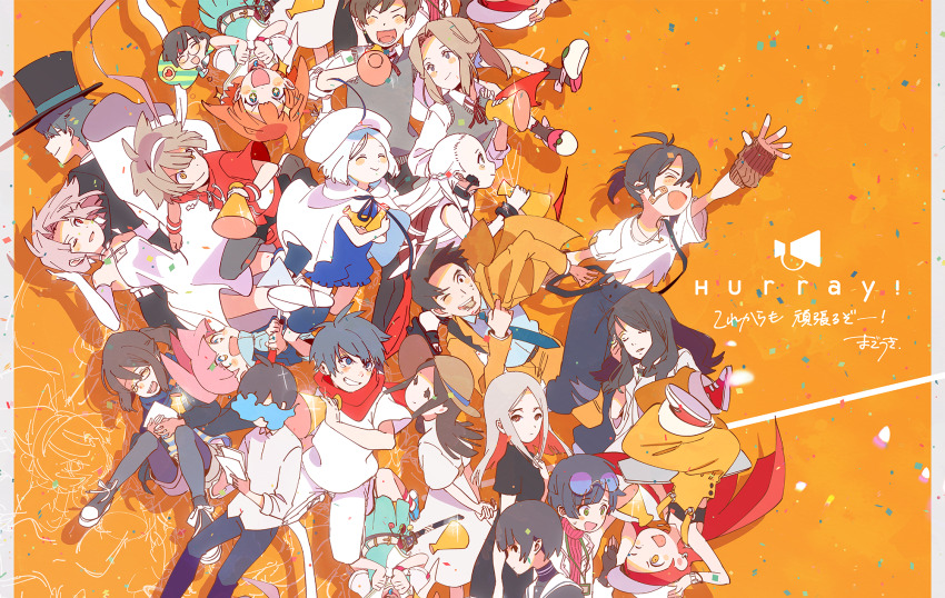 6+boys, 6+girls, artist_name, bandaid, bandaid_on_cheek, bandaid_on_face, black_hair, blue_necktie