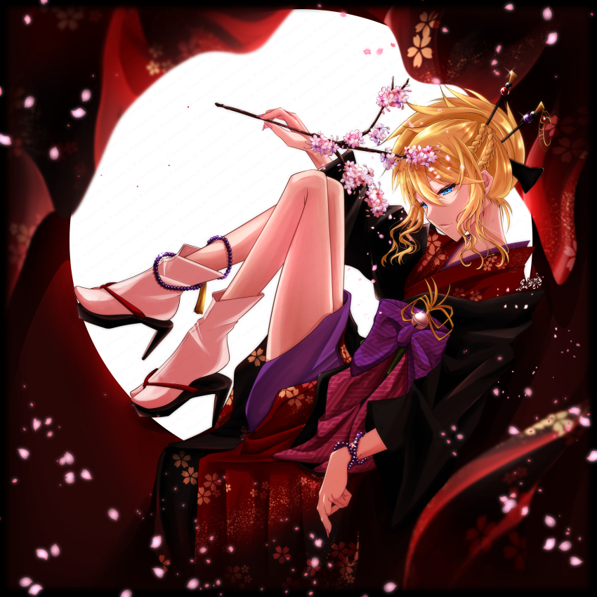 1girl, absurdres, anklet, bead_anklet, bead_bracelet, beads, bell, blonde_hair