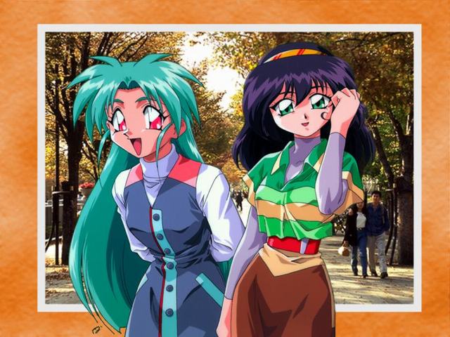 1990s_(style), 2girls, amano_misao_(pretty_sammy), blue_hair, casual, green_eyes, kawai_sasami, mahou_shoujo_pretty_sammy