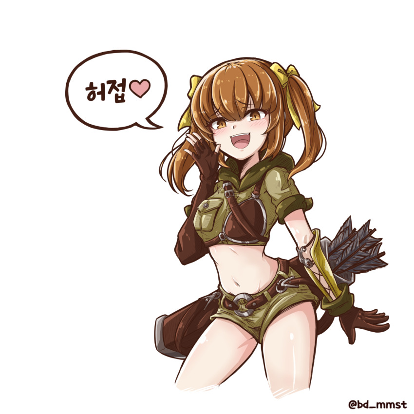 1girl, arrow_(projectile), bd_mmst, belt, blush, breasts, brown_dust, brown_dust_(series), brown_dust_2, brown_eyes, brown_gloves, brown_hair, cropped_jacket, cropped_legs, eyebrows_hidden_by_hair, gloves, green_jacket, green_shorts, hair_between_eyes, hair_ribbon, heart, highres, jacket, looking_at_viewer, medium_hair, navel, open_mouth, quiver, ribbon, rigenette_(brown_dust), short_shorts, short_twintails, shorts, simple_background, small_breasts, smile, solo, speech_bubble, spoken_heart, stomach, twintails, white_background, yellow_ribbon