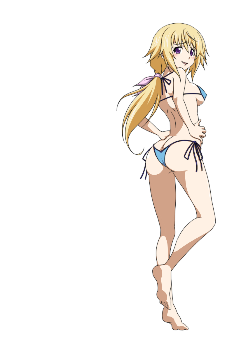 1girl, absurdres, ass, barefoot, bikini, blonde_hair, blue_bikini, breasts