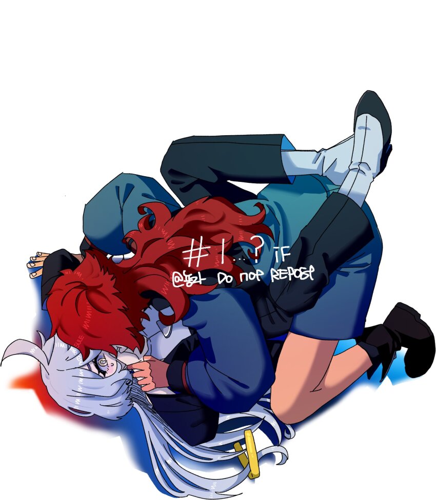 2girls, asticassia_school_uniform, black_footwear, black_jacket, black_pants, blush, boots, commentary_request