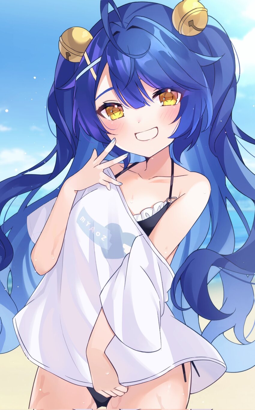 1girl, ahoge, amamiya_kokoro, bare_shoulders, beach, bell, bikini, black_bikini