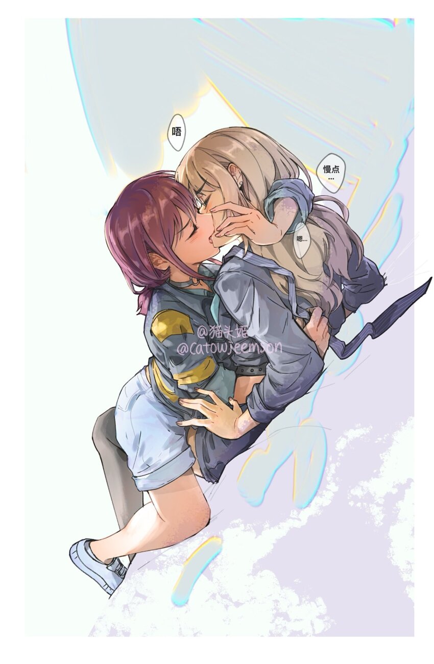 2girls, black_choker, black_footwear, black_thighhighs, blue_jacket, blue_shorts, blush, brown_hair, catowjeemson, chinese_commentary, chinese_text, choker, closed_eyes, commentary_request, earclip, fang, french_kiss, girls_band_cry, grey_hair, grey_jacket, grey_necktie, highres, iseri_nina, jacket, kawaragi_momoka, kiss, long_hair, long_sleeves, low_twintails, multiple_girls, necktie, o-ring, o-ring_choker, open_mouth, short_hair, short_twintails, shorts, sidelocks, three-quarter_sleeves, thighhighs, translation_request, twintails, undone_necktie, white_shorts, yuri