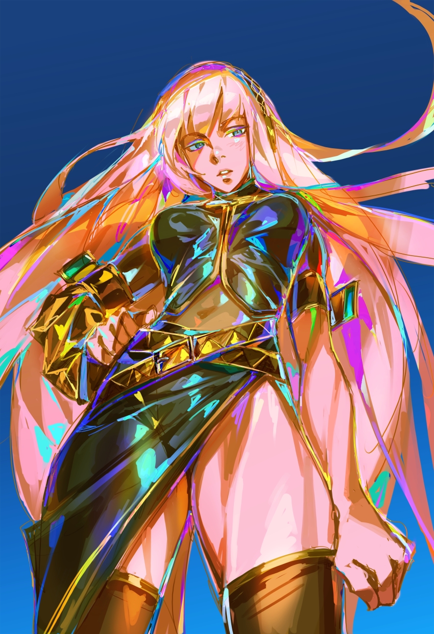 1girl, 777precursor, absurdres, belt, black_skirt, blue_background, commentary, from_below, gradient_background, hairband, hand_on_own_hip, highres, long_hair, megurine_luka, navel, parted_lips, pink_hair, side_slit, skirt, solo, standing, thigh_peek, very_long_hair, vocaloid