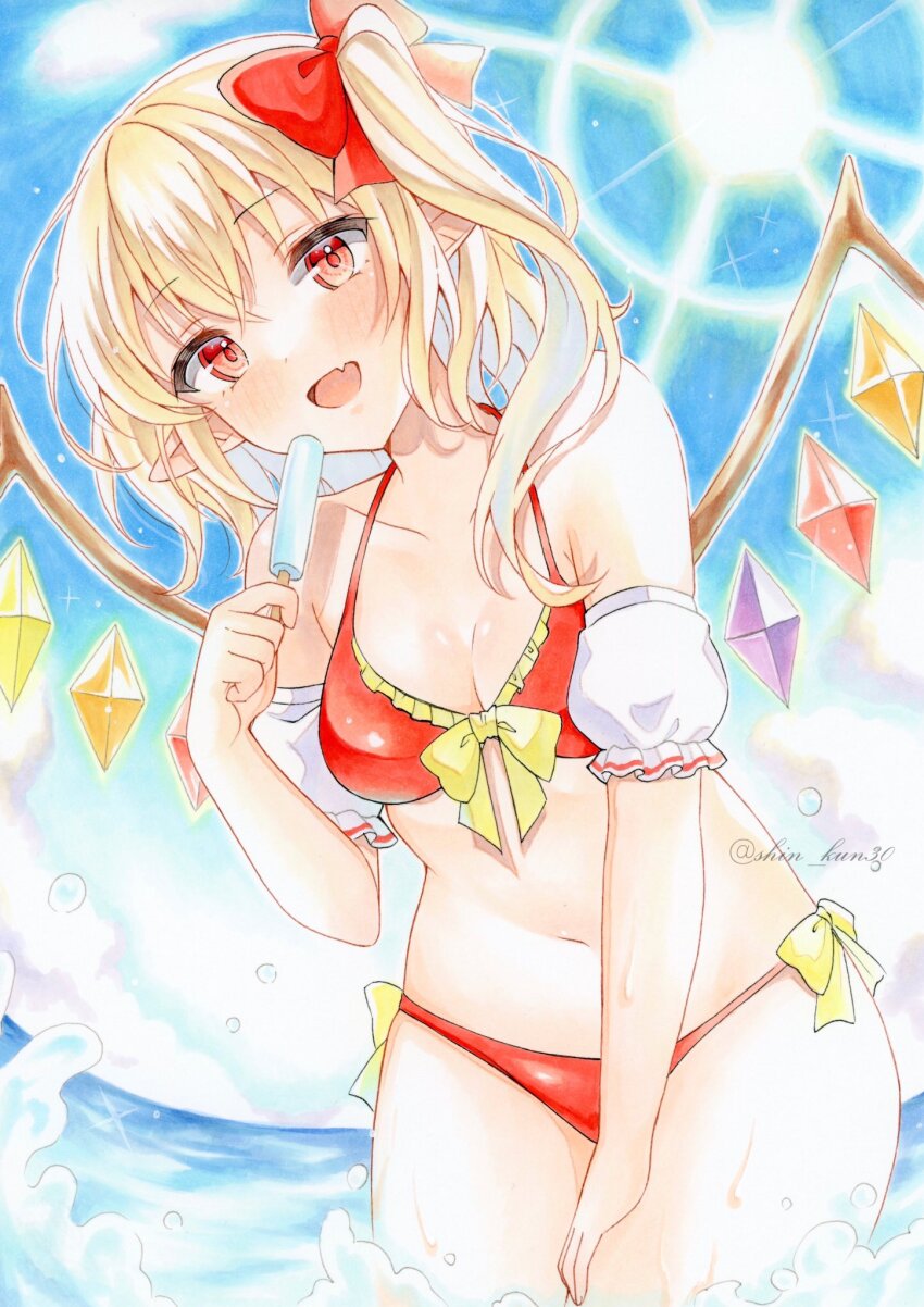 1girl, alternate_costume, bikini, blonde_hair, blue_sky, blush, bow, bow_bikini