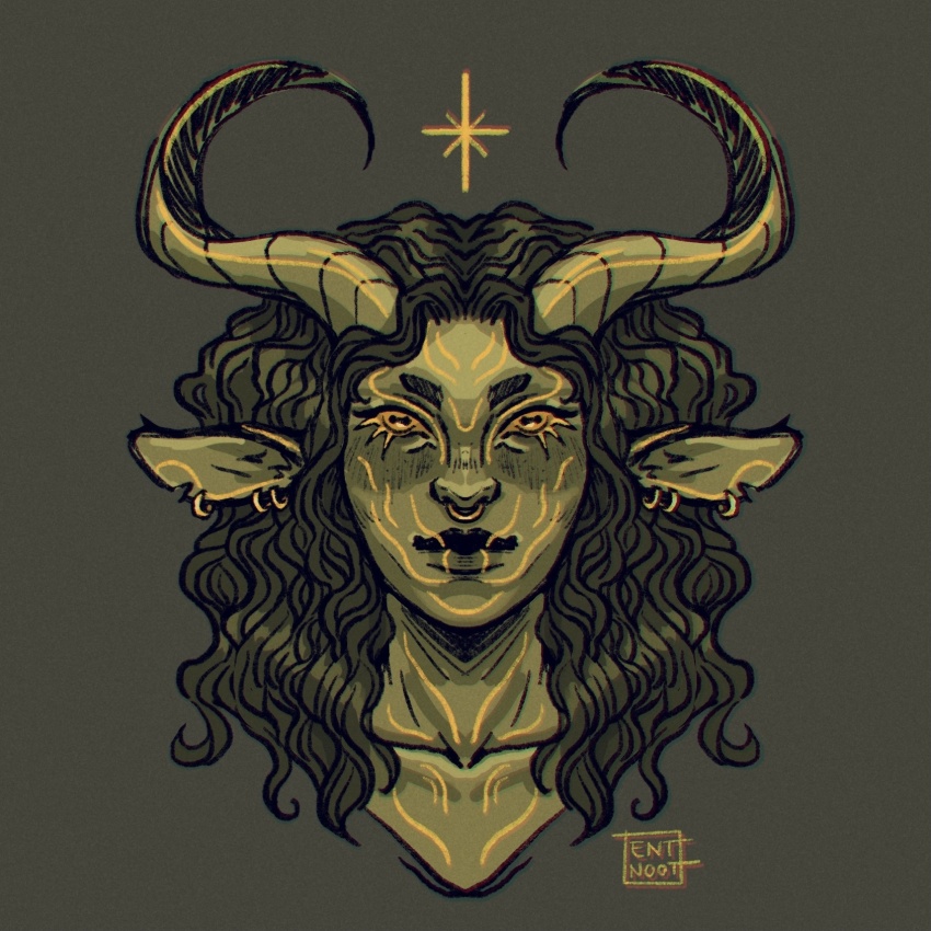 1girl, closed_mouth, collarbone, colored_sclera, colored_skin, cropped_head, demon_horns, ear_piercing, earrings, entnoot, face_piercing, facial_mark, facial_tattoo, fantasy, film_grain, forehead_mark, gold_earrings, green_background, green_hair, green_horns, green_skin, highres, hoop_earrings, horizontal_pupils, horns, jewelry, large_ears, long_hair, looking_at_viewer, makeup, monster_girl, multiple_piercings, neck_tattoo, nose_piercing, nose_ring, notched_ear, original, piercing, pointy_ears, portrait, ring_piercing, signature, simple_background, smile, solo, sparkle, symmetry, tattoo, tiefling, wavy_hair, yellow_eyes, yellow_sclera