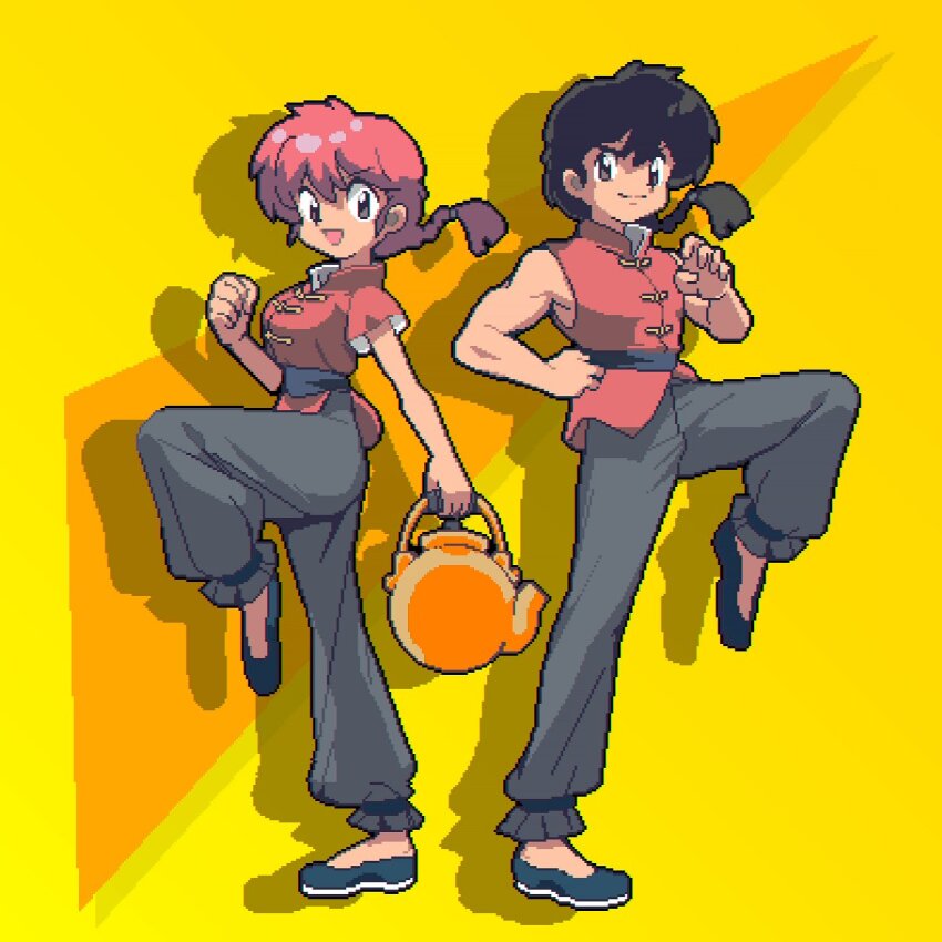 1boy, 1girl, belt, black_belt, black_eyes, black_footwear, black_hair, black_pants