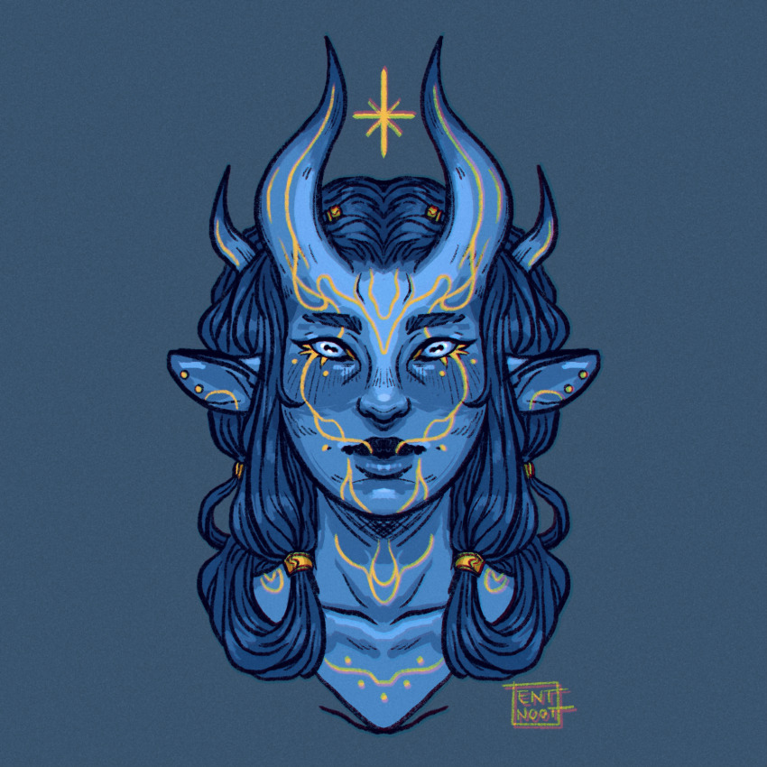 1girl, beads, blue_background, blue_eyes, blue_hair, blue_horns, blue_skin, blue_theme