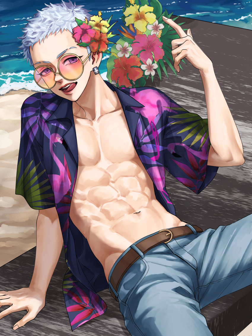 1boy, abs, arm_support, beach, belt, blue_hair, blue_shirt, chair, collarbone, commentary_request, cowboy_shot, day, denim, eyebrow_cut, flower, hair_flower, hair_ornament, hamhassy, hand_up, hawaiian_shirt, hibiscus, highres, index_finger_raised, jeans, legs_apart, licking_lips, light_blue_hair, lips, looking_at_viewer, lounge_chair, male_focus, mitsuya_takashi, navel, open_clothes, open_shirt, outdoors, pants, pectorals, print_shirt, purple_eyes, reclining, round_eyewear, shirt, short_hair, short_sleeves, solo, sunglasses, tinted_eyewear, tokyo_revengers, tokyo_revengers_pazuribe!, toned, toned_male, tongue, tongue_out, variant_set