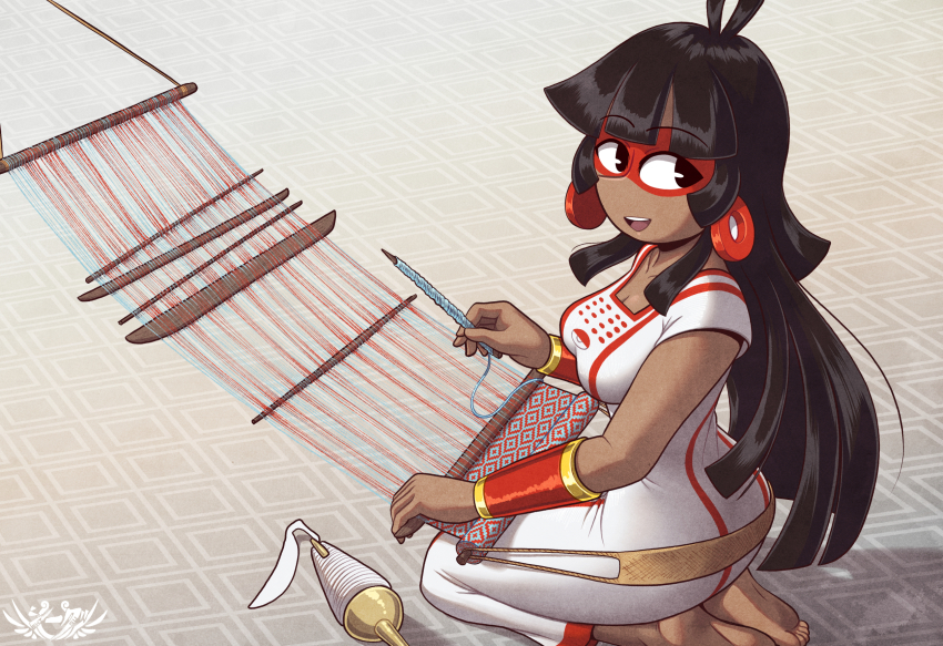 1girl, aztec, barefoot, beelia, black_hair, bracelet, breasts, cleavage, codex_black, dark-skinned_female, dark_skin, dress, earrings, facepaint, highres, hime_cut, holding, jewelry, kneeling, large_breasts, long_hair, looking_back, open_mouth, seiza, shi-gu, sitting, solo, tribal, upper_body, weaving, white_dress
