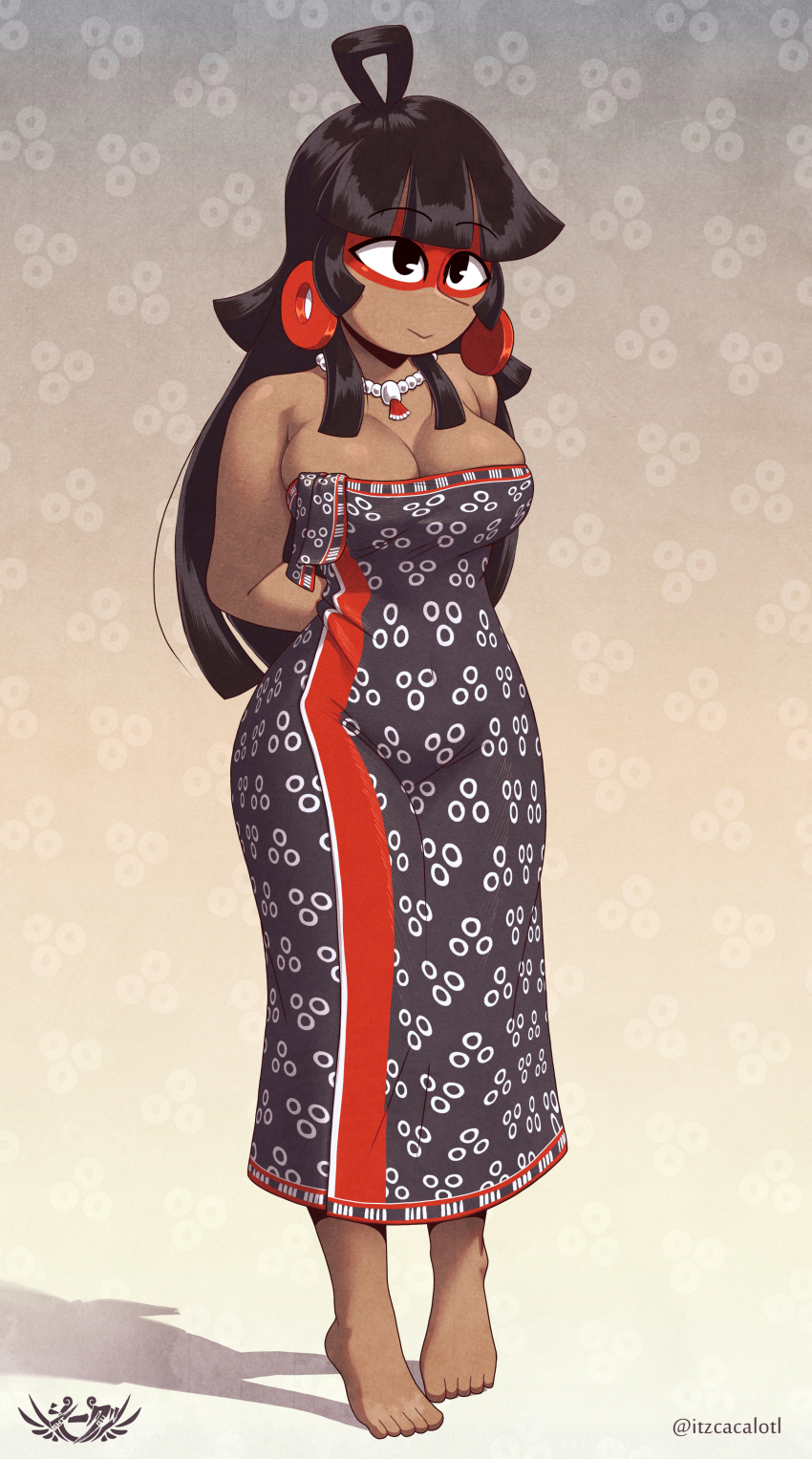 1girl, absurdres, arms_behind_back, artist_name, aztec, bare_shoulders, barefoot, beelia, black_dress, black_eyes, black_hair, breasts, cleavage, codex_black, dark-skinned_female, dark_skin, dress, earrings, facepaint, film_grain, highres, hime_cut, jewelry, large_breasts, long_hair, necklace, patterned_background, print_dress, shi-gu, solo, standing, strapless, strapless_dress, tribal