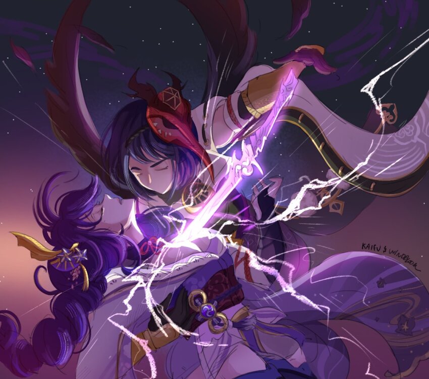 2girls, artist_collaboration, bird_mask, bird_wings, black_gloves, black_wings, braid, closed_eyes