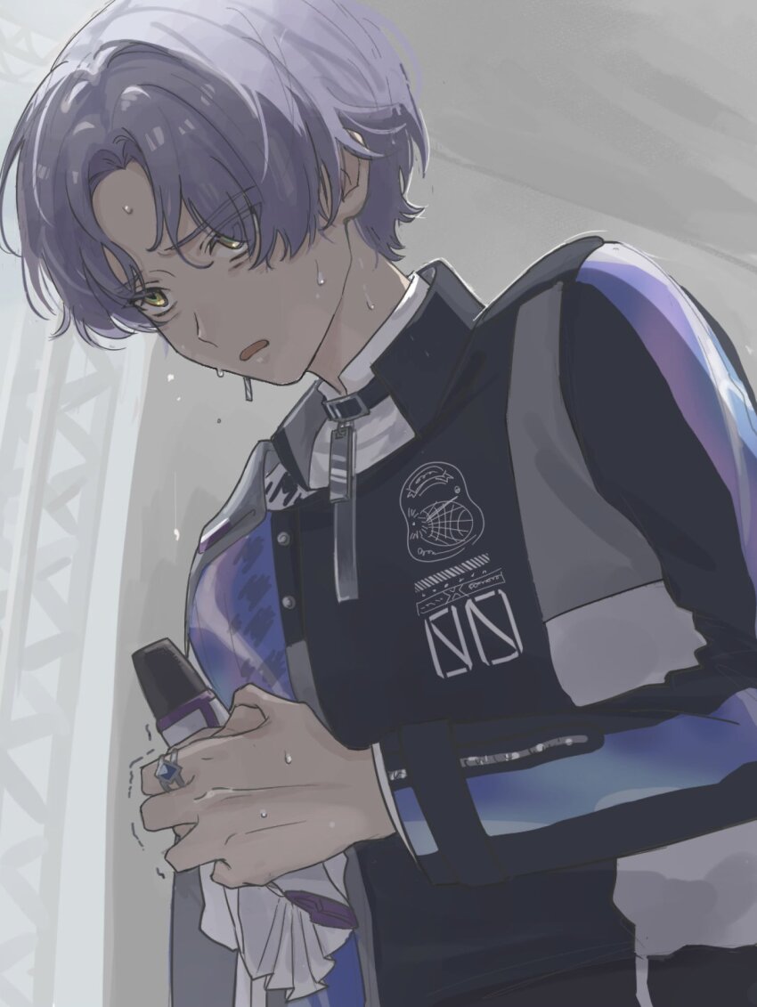18trip, 1boy, arm_up, black_choker, buckle, choker, dutch_angle, hair_behind_ear, hair_in_eyes, high_collar, highres, holding, jacket, jewelry, male_focus, microphone, multicolored_jacket, non_1623, oguro_kafka, open_mouth, parted_bangs, ring, shaking, solo, sweat, upper_body, white_hair, yellow_eyes