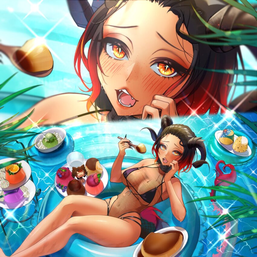 1girl, adc_vr, bikini, black_bikini, black_hair, black_horns, black_nails, blush