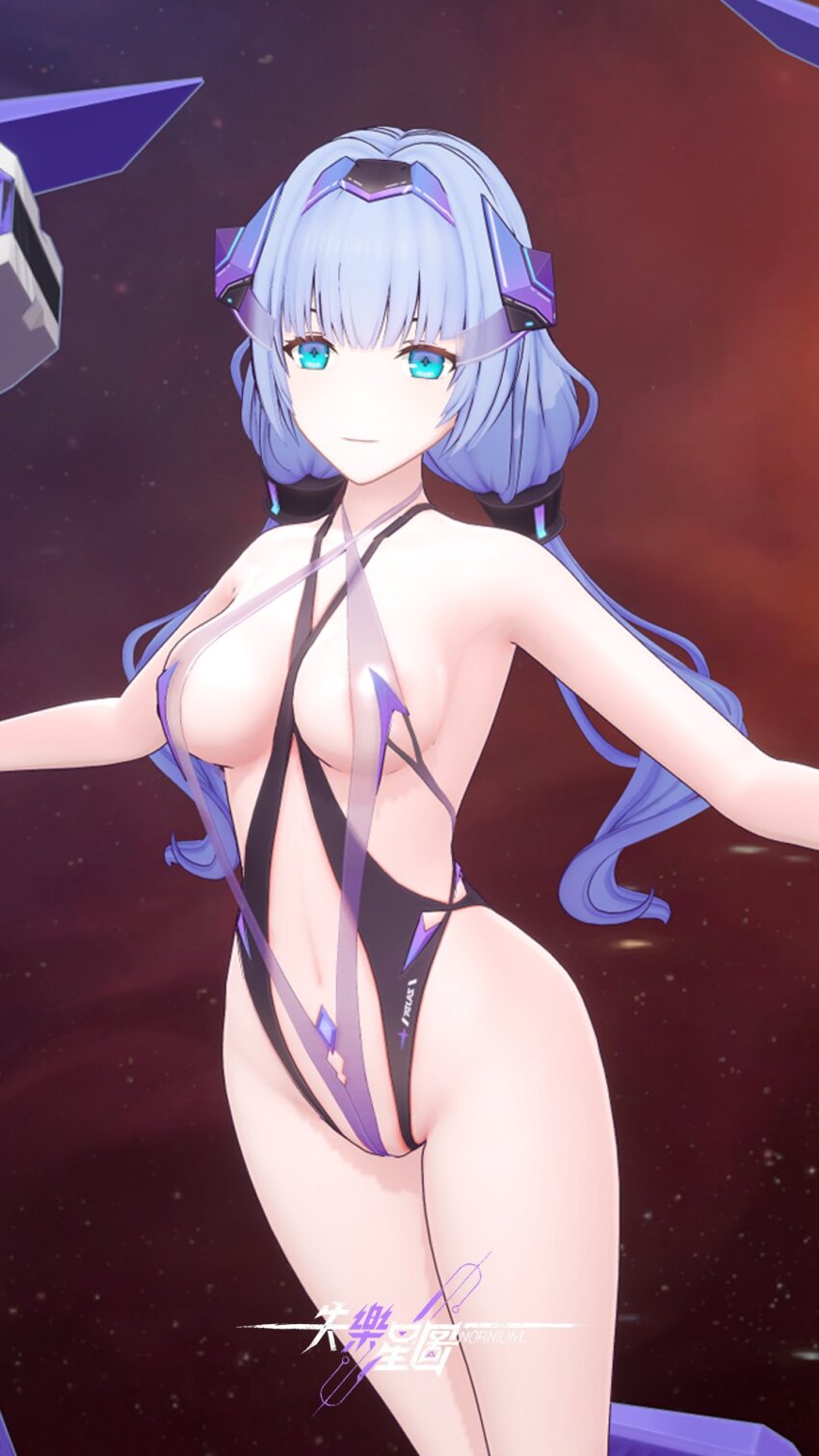 1girl, 3d, bare_hips, bare_shoulders, black_background, blue_eyes, breasts, closed_mouth, eyebrows, eyelashes, game_cg, hair_between_eyes, highres, legs, long_hair, looking_ahead, medium_breasts, navel, no_bra, no_panties, nornium, official_art, purple_hair, sideboob, sidelocks, sleeveless, solo, stomach, thick_thighs, thighs