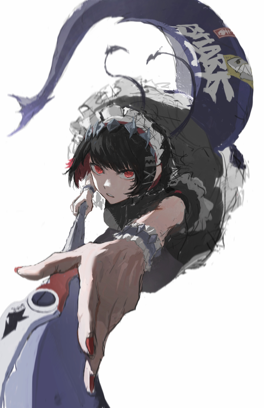 1girl, absurdres, armald0, black_hair, colored_inner_hair, ellen_joe, fingernails, fins