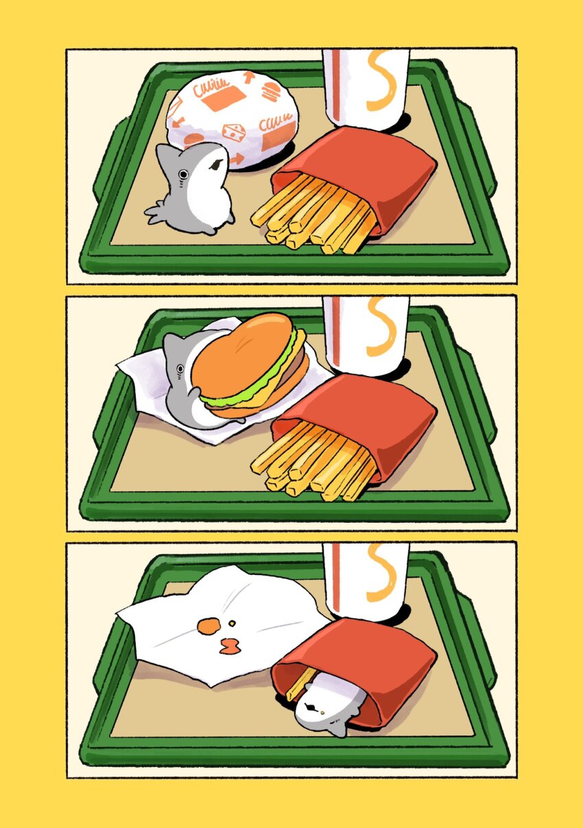 burger, eating, fast_food, food, french_fries, highres, odekake_kozame, penguinbox