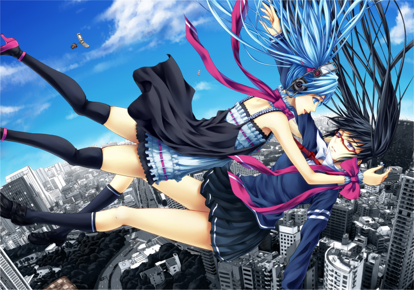 2girls, bad_id, bad_pixiv_id, blue_eyes, blue_hair, bow, cellphone, cityscape